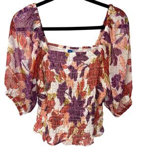 Old Navy Smocked White, purple, red & pink floral top balloon sleeves Size M